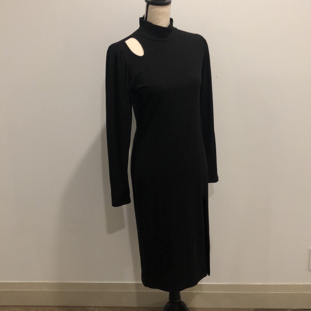 Milan kiss black front slit midi dress long sleeve womens M keyhole neck bodycon